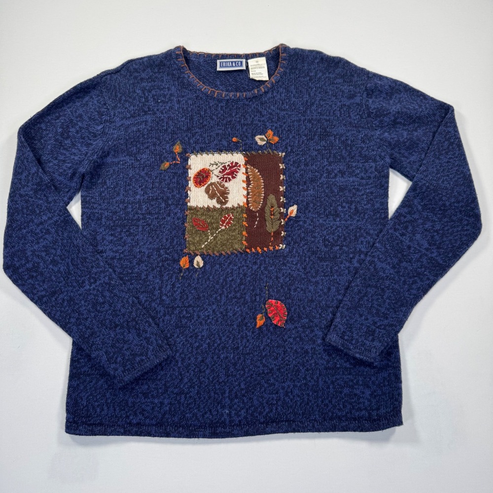 Erika & Co. Navy Blue Marled Knit Fall Leaf Patchwork Sweater Medium